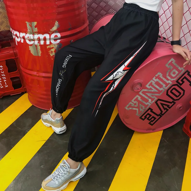 Ladies 2019 Lightning print Student Hiphop Punk Summer Harajuku style High Street Elastic High Waist Straight Pants Women Ladies 2019 Lightning print Student Hiphop Punk Summer Harajuku style High Street Elastic High Waist Straight Pants Women