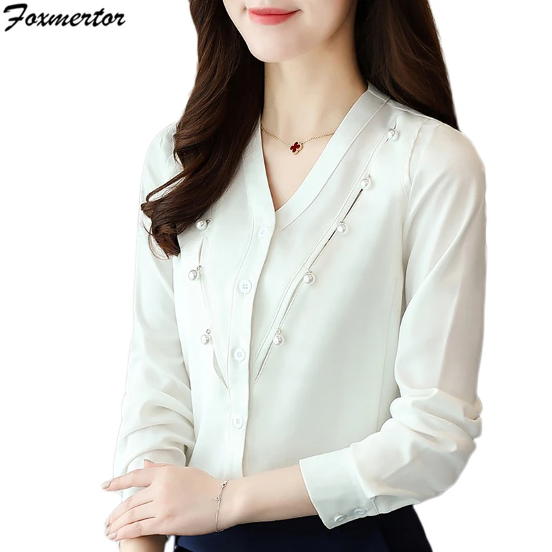 

Chiffon Blouse 2019 Autumn Women Long Sleeve Elegant Ladies Office Shirts V-Neck Work Wear Casual Slim Tops Pink Blouse Shirts