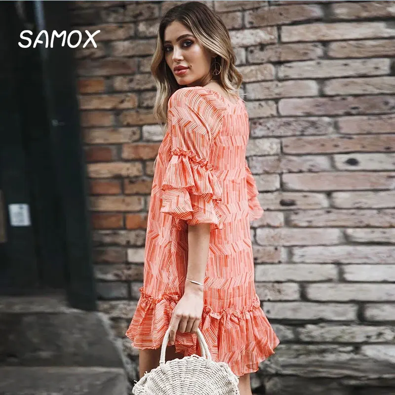 JSMY 2019 New Summer Fashion Women Ruffle Stitching Printing Dress
