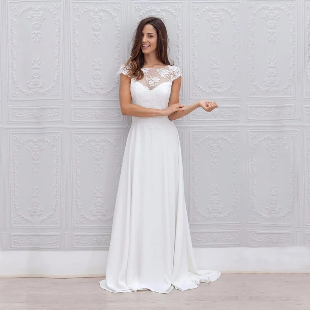 

Scoop Cap Sleeves Long Wedding Dresses A Line Illusion Backless White Chiffon Sweep Train Bridal Gown Dress Vestido De Noiva