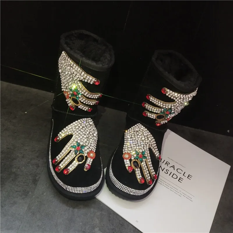 

2019 New Handmade Rhinestone Women Boots Winter Shoes Women Platform Thick Plush Warm Waterproof High Snow Boots Botas Mujer