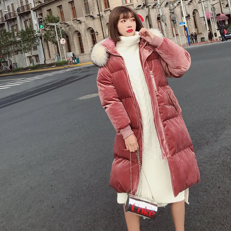 Женское зимнее плотное пальто с большим меховым воротником и капюшоном, паракс, высокое качество, однотонный цвет, бархат, ватное хлопковое пальто, Повседневная Длинная Куртка JQ507 - Цвет: picture color