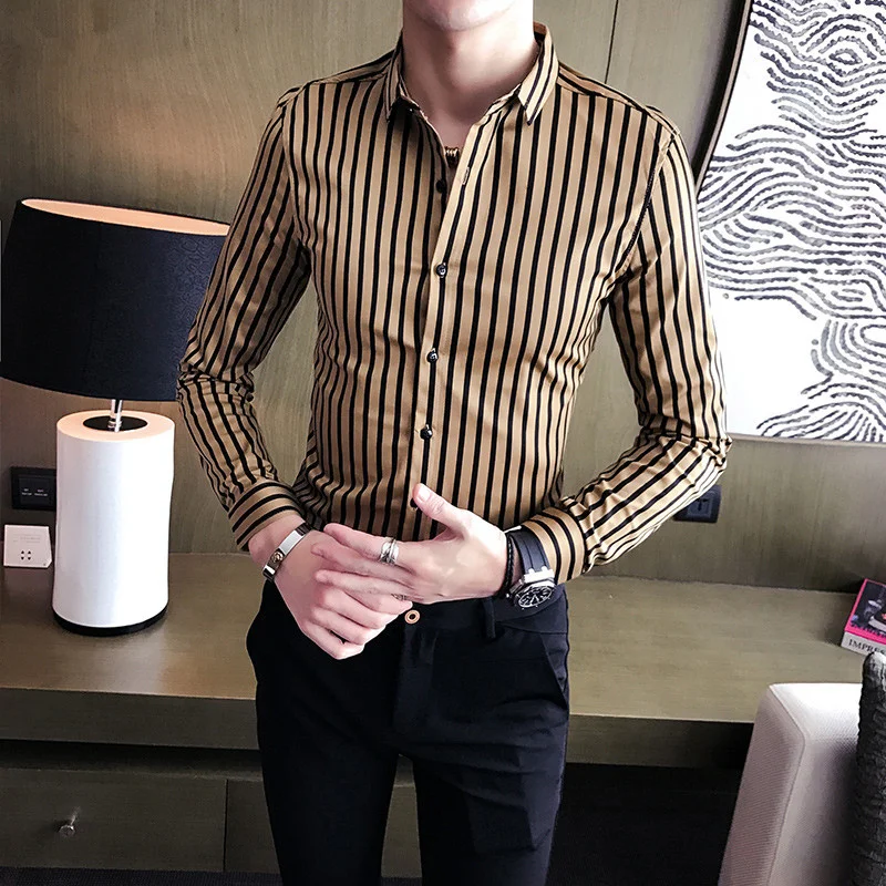 

XMY3DWX Men long sleeve shirt high-grade brand business leisure fashionable Thin body personality dress stripe thin shirt/S-XXXL