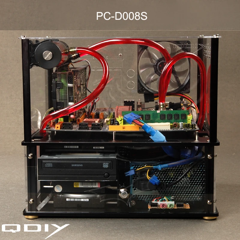 QDIY PC D008S красочные горизонтальные ATX прозрачный ПК с водяным охлаждением