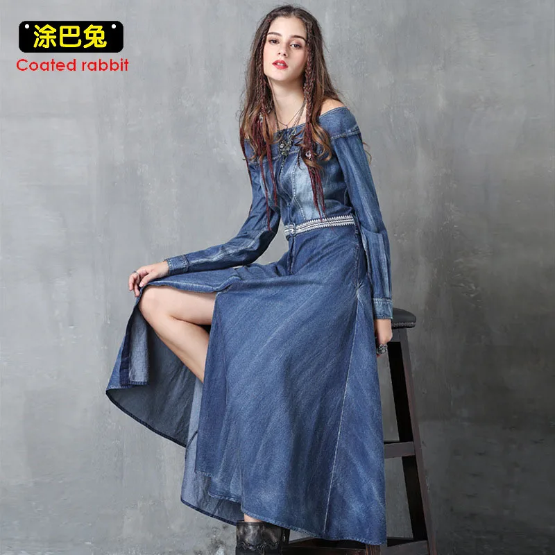 

Off Shoulder Summer Women Denim Dress Sexy Slash Neck Long Sleeve Jeans Split Long Dresses Casual Party Dress Female Belt 2018