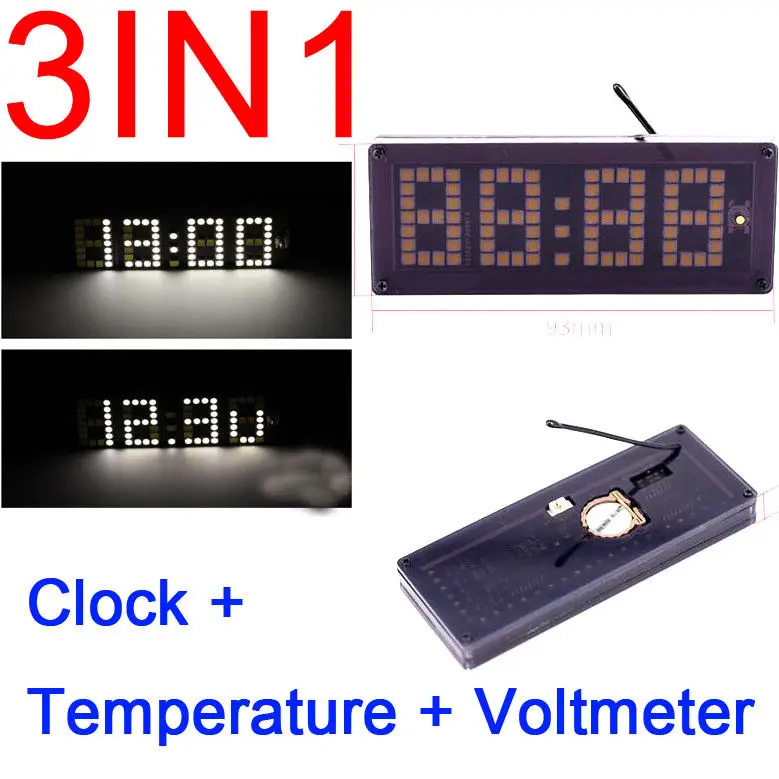 

3in1 Dot matrix electronic clock + temperature + digital voltmeter for 12v car battery Electronic display led time temp voltage