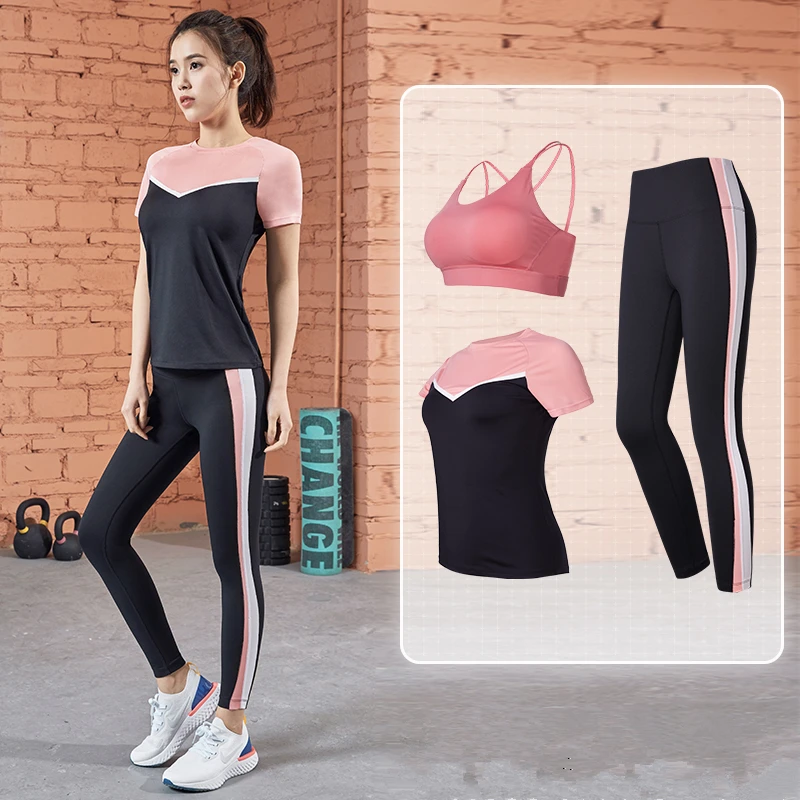 

Female Sports Suit Women Tracksuit Fitness Clothing T-shirt +Bra+Tights Training Running Sportswear Gym Jogging Suits 3 PCS Set