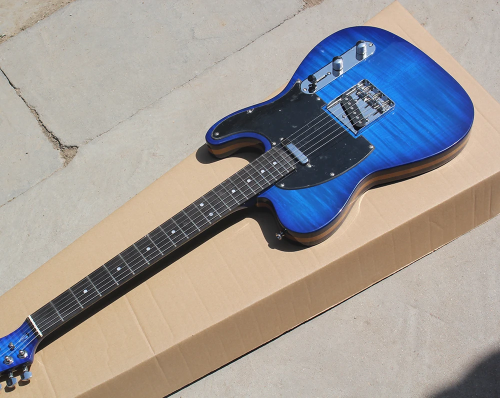 

Factory Custom Blue Body Electric Guitar with Black Pickguard,Rosewood Fretboard,Flame Maple Veneer,Offer Customized