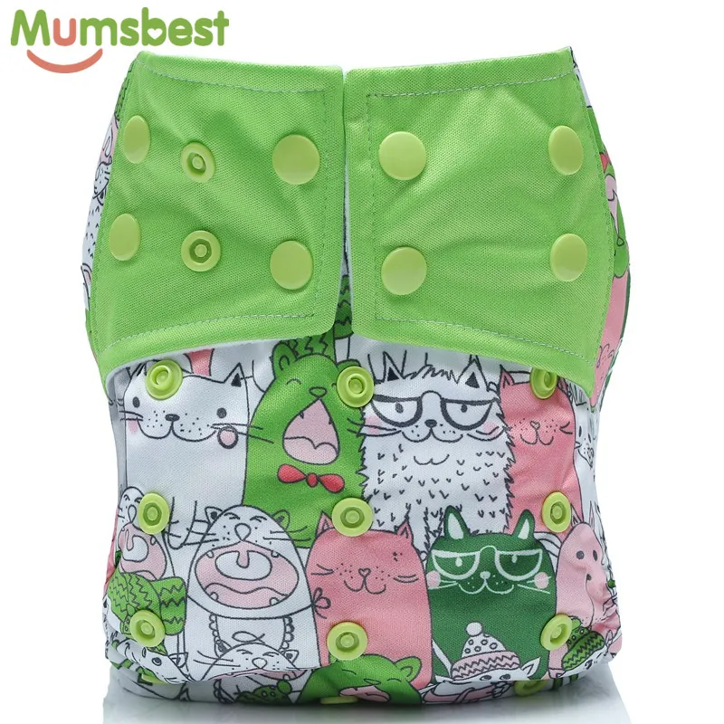 

[Mumsbest] 1Pc Reusable Baby Cloth Diaper Cover Washable Nappies Carton Cats Green Nappy Waterproof Pocket Diapers Suit 3-13kg