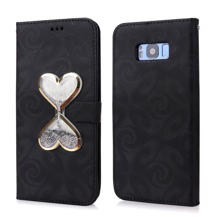 Hourglass Love Heart Quicksand Leather Wallet Case For Samsung Galaxy S8 S9 Plus S5 Mini S7 Edge Magnetic Flip 2 Card Slots Bag (51)