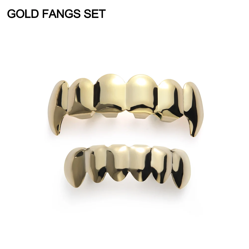 Модные Украшения для тела, набор форм в стиле хип-хоп, Кепка с зубами, верхняя и нижняя решетка с зубами, горлышко, новинка, крутые грили, украшения для тела - Окраска металла: Gold Fangs Set