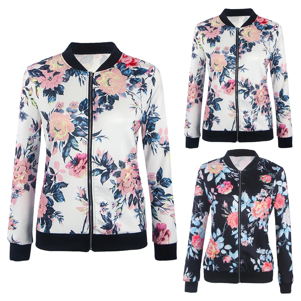 Finest Women Retro Flower Floral Print Jacket Zipper Bomber Collar Slim Coat Casual Outwear Female Autumn