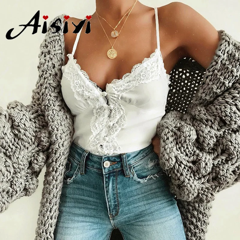 

Aisiyi Women's Lace Halter Top Sleeveless Camis Women Solid Color Tank Tops Casual Button V-neck Tank Tops Sexy Short Top