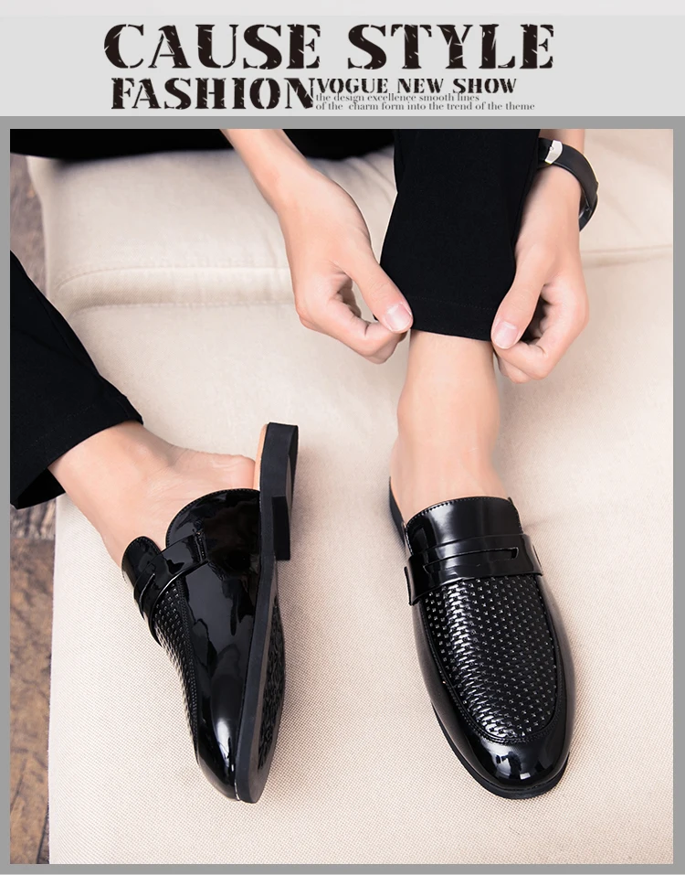 Patent Leather black hollow out loafers men shoes luxury brand designer mules lippers mocassin homme heren schoenen buty damskie