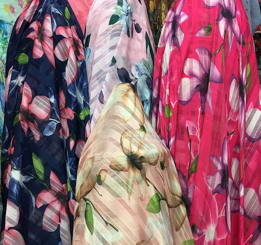 

silky strips printed chiffon fabric soft breathable DIY dress blouse fabric