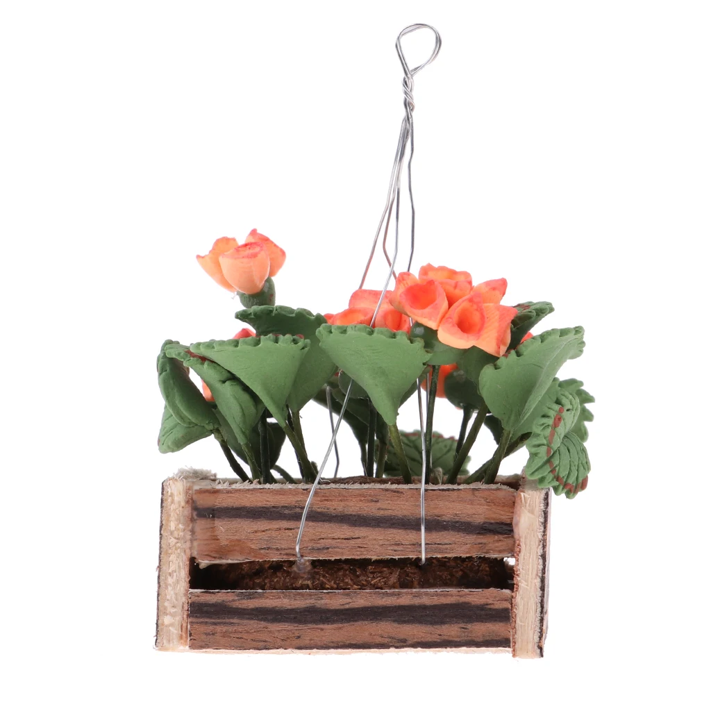 Miniature Hanging Flowers with Wooden Basket Flowerpot Basket Set for 12th Doll House Living Room Balcony Life Scenes Decoration