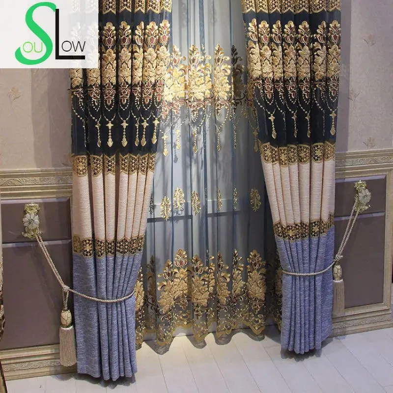 

Slow Soul Blue Coffee Mosaic Cotton Embroidery Curtain European Luxury Curtains Kitchen For Bedroom Living Room Tulle Floral