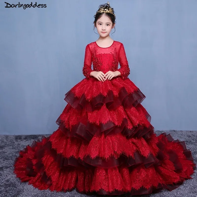 Роскошный бордовый одежда с длинным рукавом Платье в цветочек для девочек для свадеб бисера с кружевной аппликацией Платье для первого