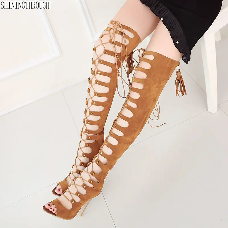 

Sexy Black High Heels Gladiator Shoes Woman Peep Toe Lace Up Thigh High Boots Summer Cut Outs Feminina Bota Over The Knee boots