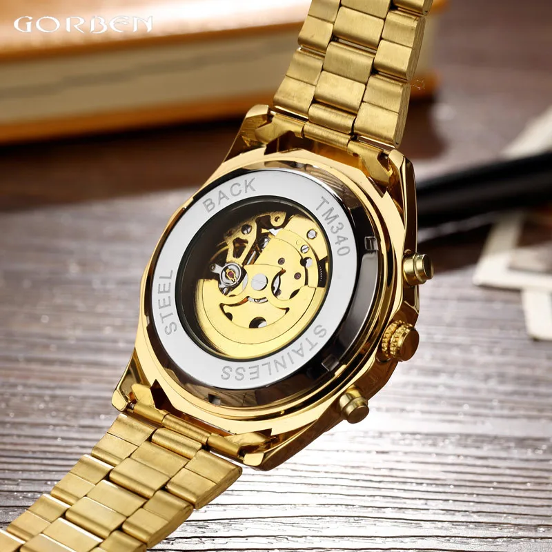 Top Luxury Golden Automatic Mechanical Watches Men Skeleton Stainless Steel Self Wind Mens Sport Wrist Watch Hand Clock relogio