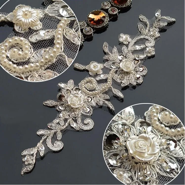 

1 Pair 23*11 cm Beaded Wedding Veil Head Ornaments Lace Applique For Wedding Dresses Lace Trim Bridal DIY Lace Accessories PA055