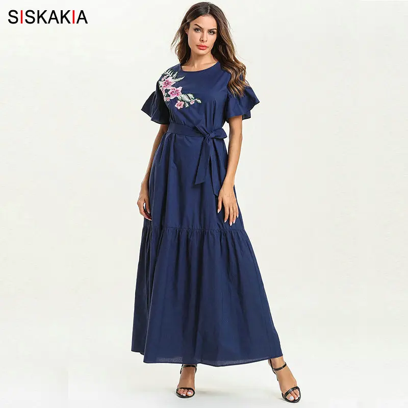 

Siskakia Summer Dress O Neck Ruffle Short Sleeve Maxi Long Dress Elegant Solid Embroidery Draped Swing Patchwork Women Blue