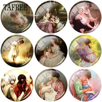 

TAFREE Vintage Mother And Baby Kids Art Paiting 25mm Round Glass Cabochon Dome DIY Cameo Pendant Settings Jewelry Findings