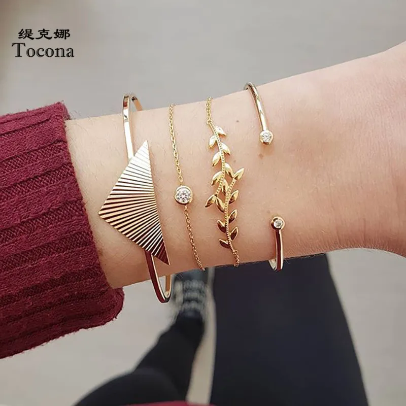 

Tocona 4pcs/sets New Vintage Gold Crystal Circle Bracelet Women Bohemian Clear Crystal Adjustable Charm Bracelet Jewelry C05310