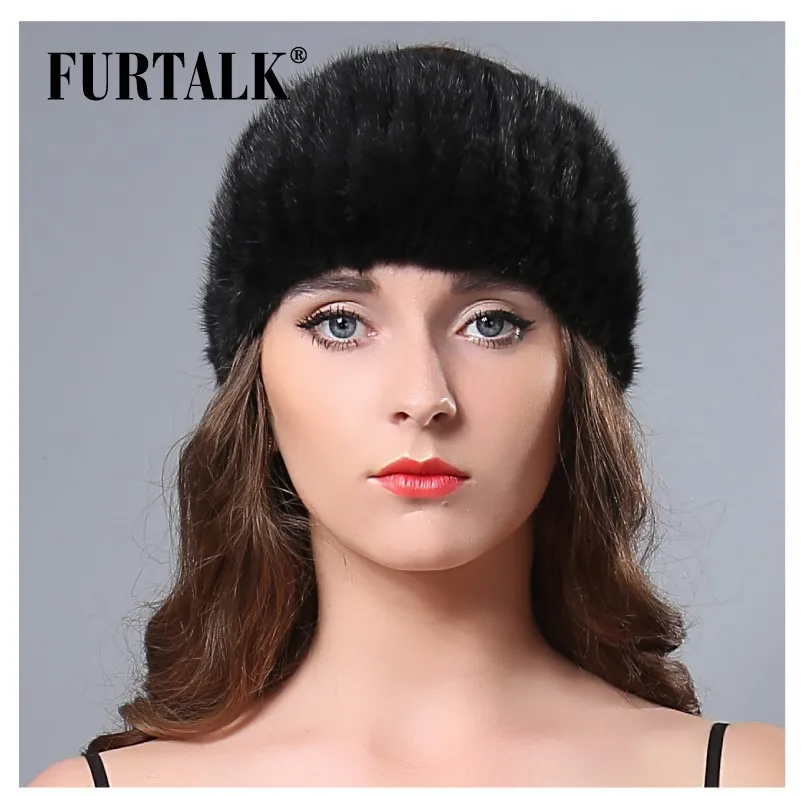 FURTALK, норковый мех, зимний головной убор для женщин, теплый вязаный натуральный мех норки, повязка на голову, меховая шапка, женские меховые аксессуары для волос