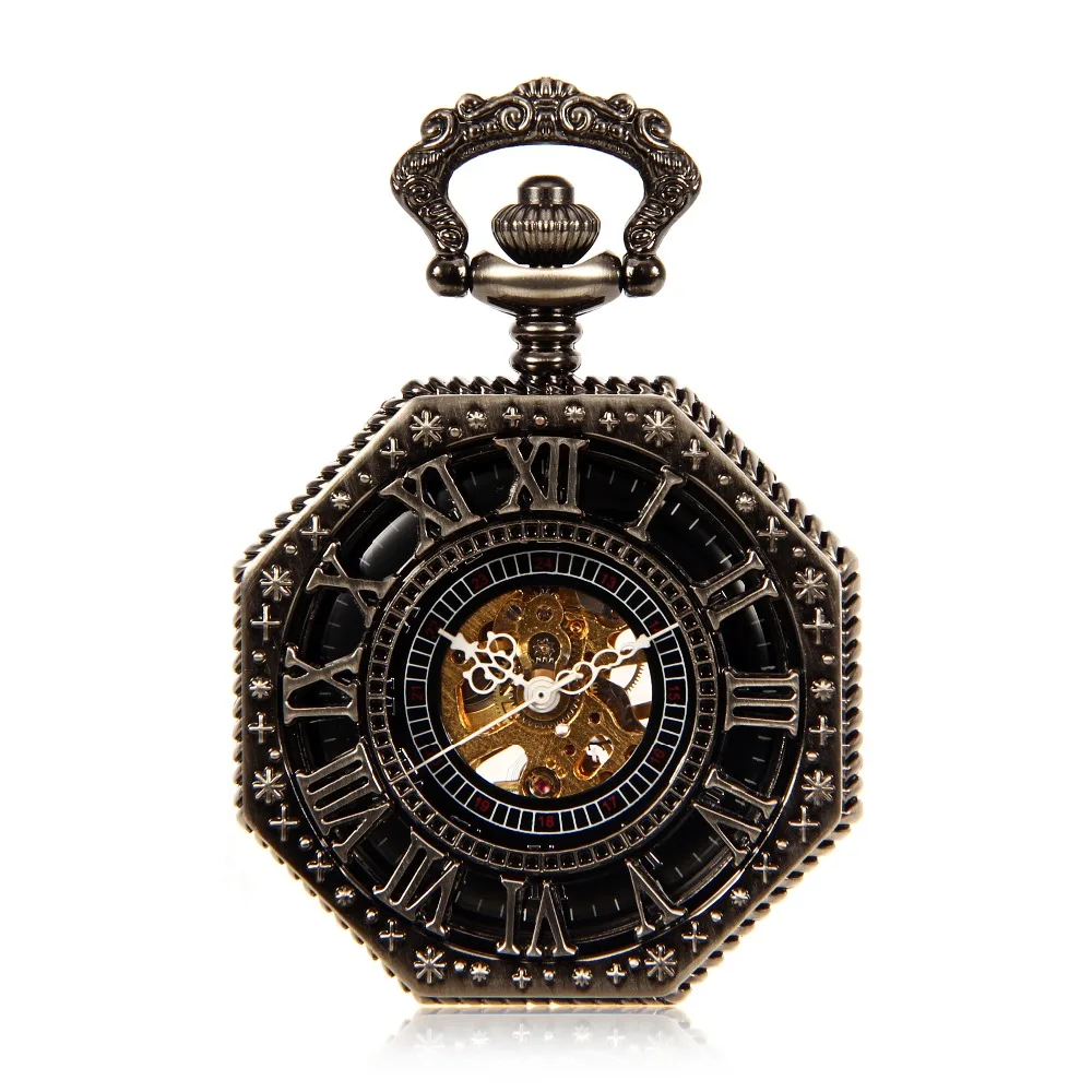 Шестиугольник антикварной Роскошные Механические карманные часы с цепочкой Скелет стимпанк римскими цифрами набора полые Дело карманные