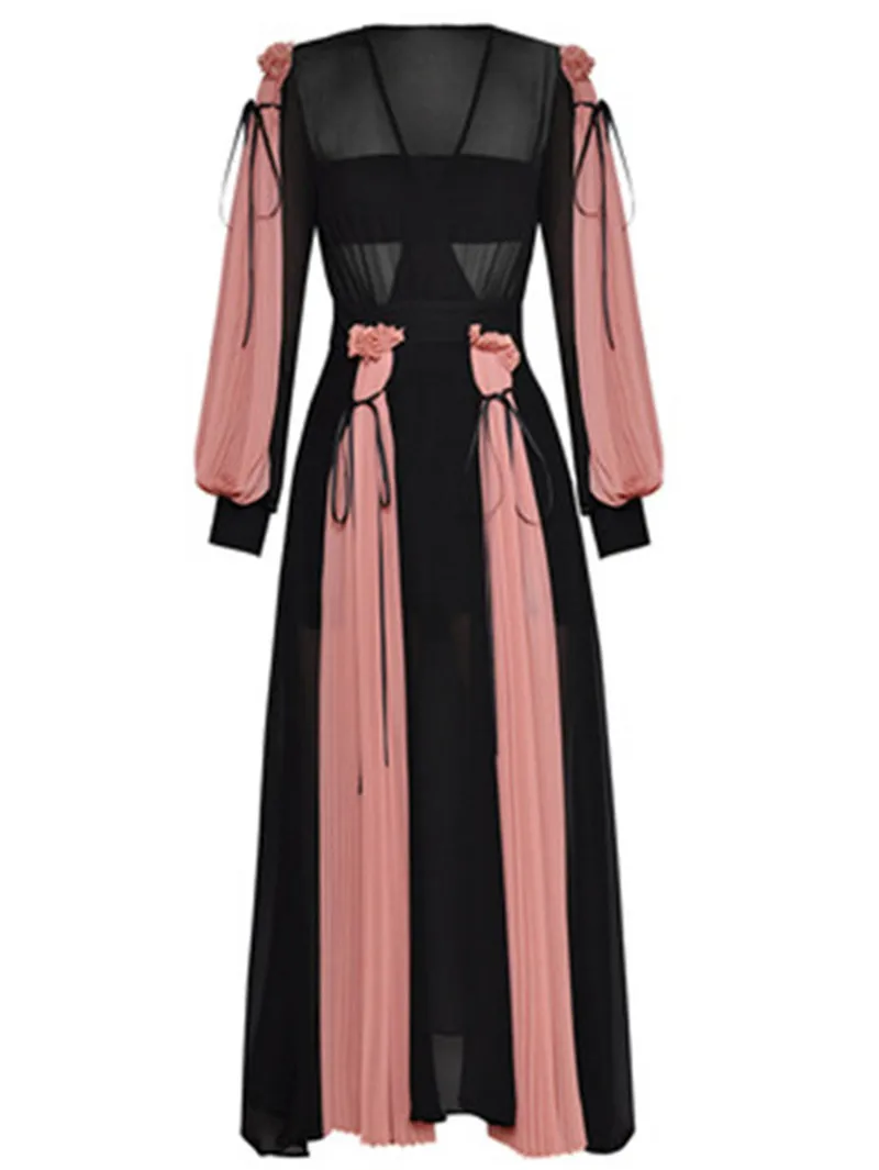2019 New Luxury Women pleated Long sleeves printed chiffon maxi dress (3)