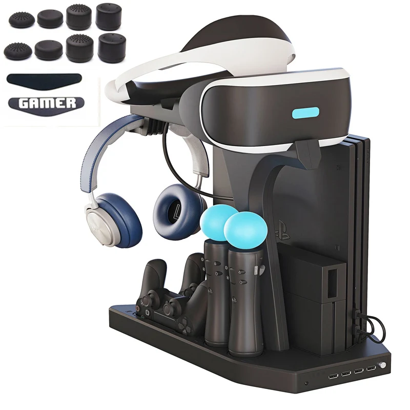 

PSVR PS4 Pro Slim Charging Display Stand Showcase for PS4 VR Playstation 4 Vertical Stand, Fan, Cooler, Controller Charger HUB