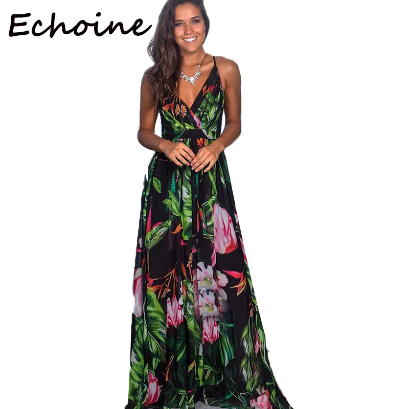 

Echoine Sexy Beach Dresses Floral Print Boho Style Spaghetti Strap Dress V-neck Backless Laduse Summer Dress Plus Size 5 Color