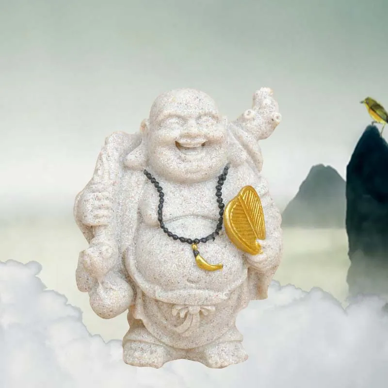 

Natural Sandstone Decorations Joyful Smiling Maitreya Buddha with Cattail Leaf Fan Resin Statue Crafts Household Decorations