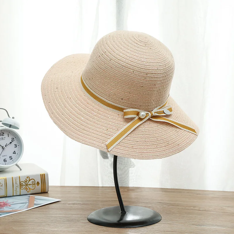 Новая Корейская летняя версия Солнцезащитная шляпа с блестками и бантом для путешествий, Пляжная соломенная шляпа, женские шапки, Пляжные шапки