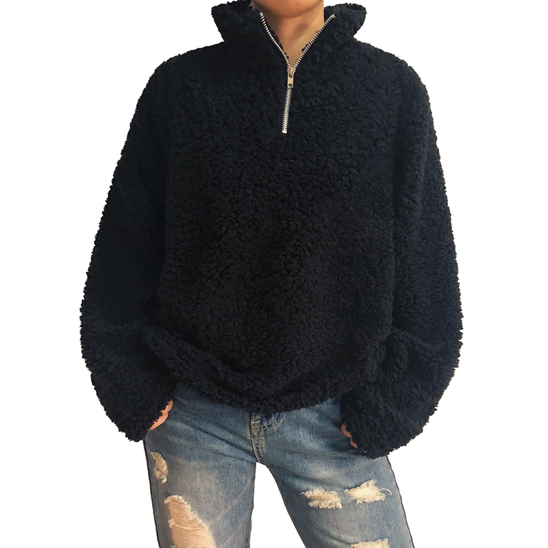 Модные женские плюшевые пальто осень зима сплошной ягненок пуховой свитер с длинным рукавом стоячий воротник молния твердые пуловеры Теплые Топы пальто