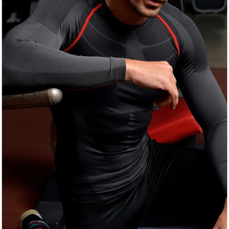 Стильный мужской компрессионный базовый слой с длинным рукавом спортивный костюм рубашки фитнес тренажерный зал топы M-XL