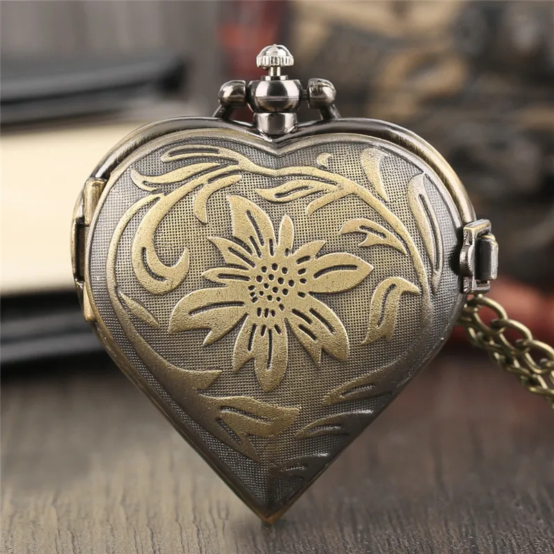 Милые кварцевые карманные часы в форме сердца с цепочкой, 80 см, полностью охотничьи бронзовые медные винтажные Подарки для женщин, девушек