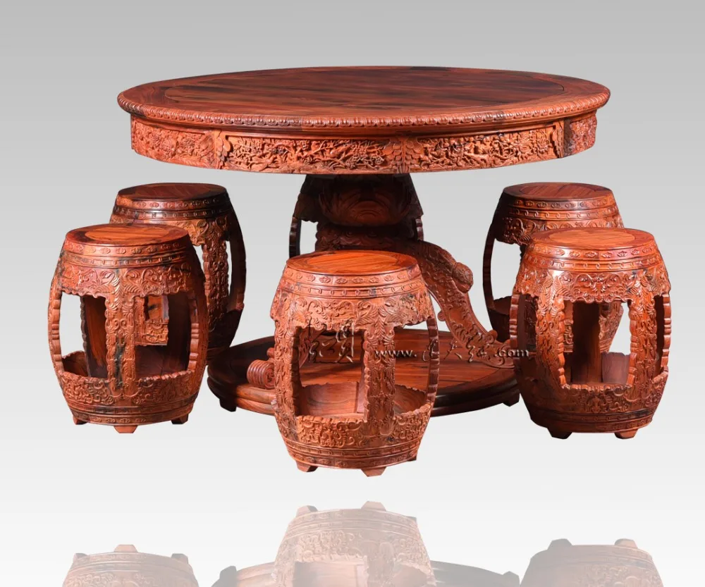 Patio Outdoor Garden Round Desk and 6 Stool Set Rosewood Living Room Oval Tulip Table Solid Wood Carved works small seat Carving