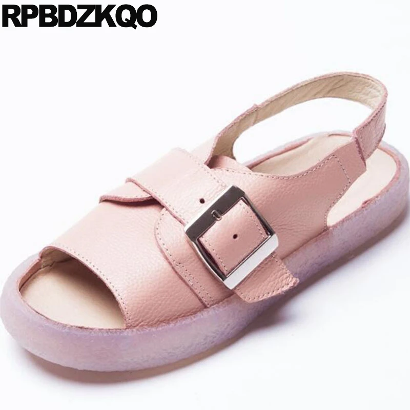 

Luxury Shoes Women Designer Peep Toe Flat Slingback Beige Genuine Leather Strap Platform Yellow Sandals Large Size Harajuku Pink