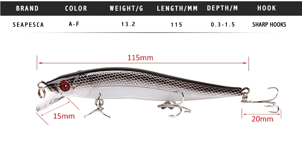 SEAPESCA хорошее качество воблер рыболовные приманки 6 Цвет рыболовная наживка воблер 115 мм 13,2 приманка воблер, щука глубина 0,3-1,5 м JK81