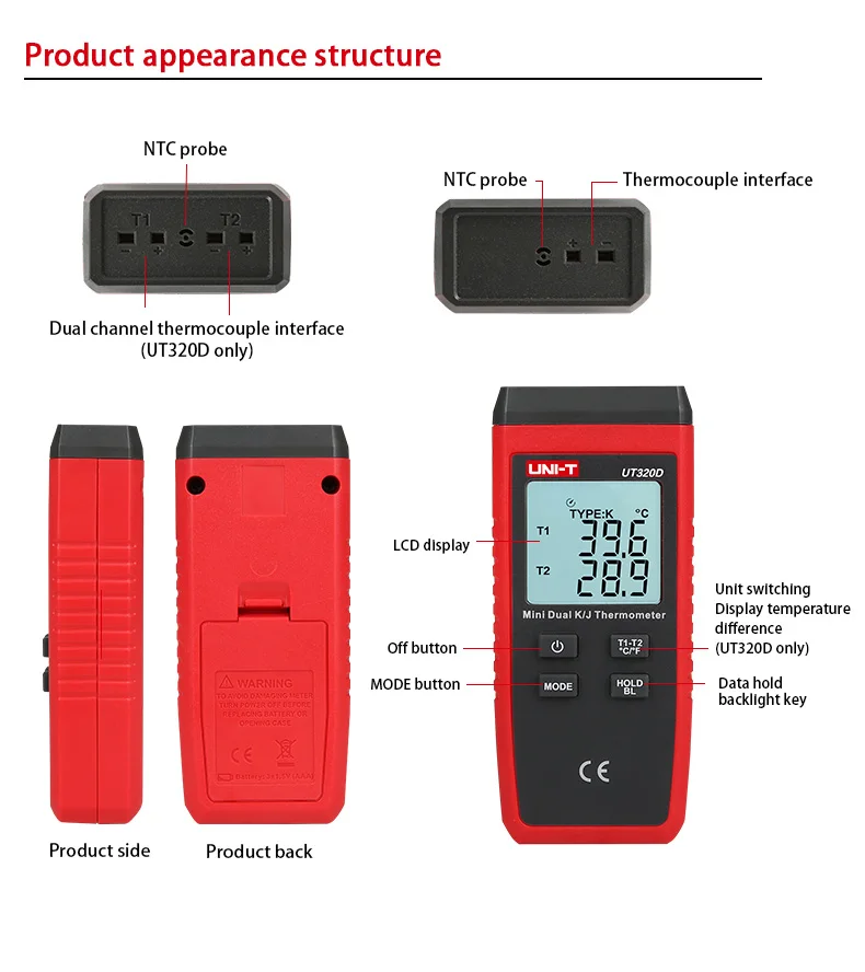 UNI-T UT320A UT320D мини-цифровой термометр с контактным типом двухканальный K/J измеритель температуры с ЖК-подсветкой термостат для хранения данных