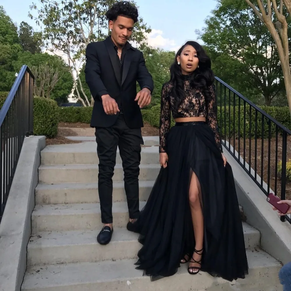 

Prom Dresses 2019 Formal Evening Party Pageant Gowns African Two Pieces Long Sleeve High Neck Dubai Cheap Black Girl prom dress