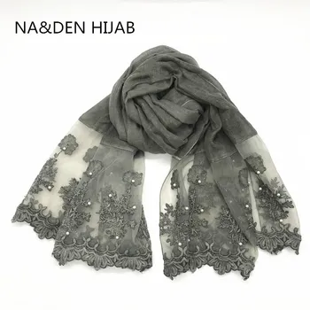 

1PCS Luxurious viscose solid plain flower two sides lace pearls elegant women scarf shawls muslim hijab wraps bandana pashmina