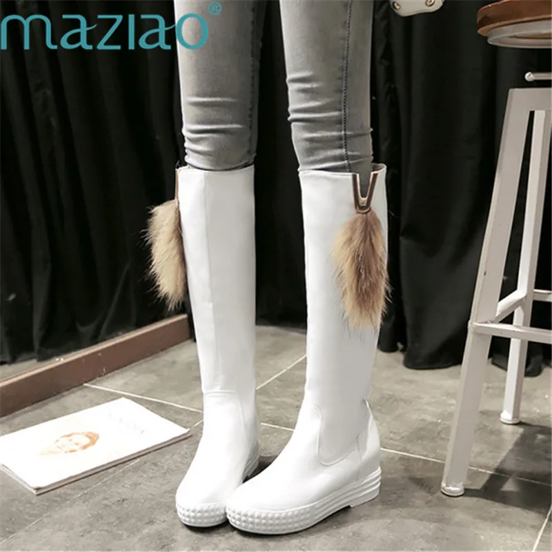 

Ladies Long Round Toe Boots Slip-on Basic Height Increasing Over The Knee Boots for Women Casual Fluffy Shoes MAZIAO