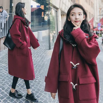 

2019 Winter Long Hooded Woolen Overcoat Women Horn Button Long Sleeve Woolen Coat Female Casual Autumn Coats And Jacket Women
