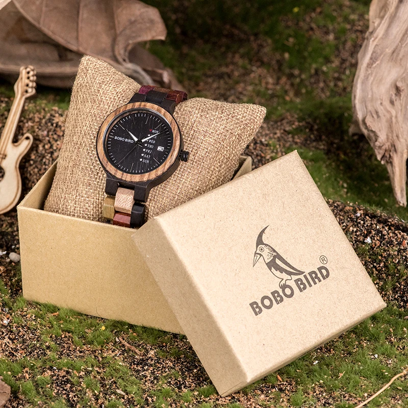 BOBO BIRD Luxury Designer Auto Date Colors Wooden Watches for Men Handmade Quartz Wrist Wristwatches relogio masculino C-P14- 1