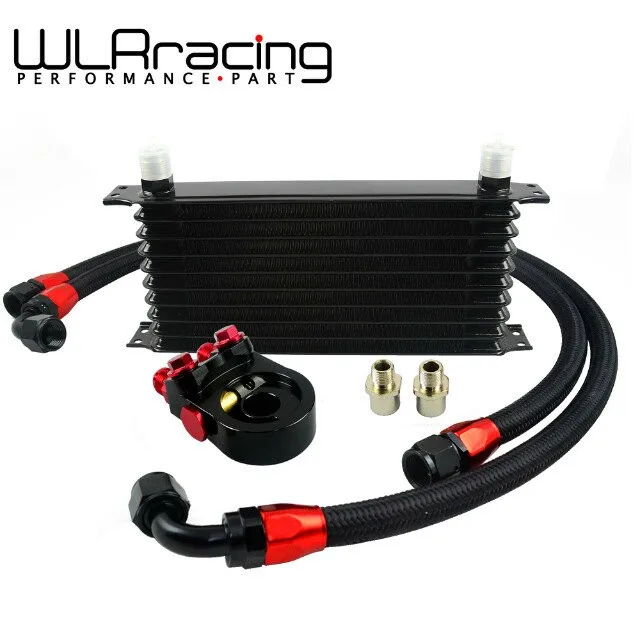 US $60.99 Wlr Universal 10 Rows Trust Type Oil CoolerAn10 Oil Sandwich Plate Adapter With Thermostat2pcs Braided Hose Line Black
