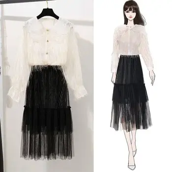 

New 2019 Spring Women Clothes Sets Female Long Sleeve Blouse + Mesh Skirt Two Piece Set Ladies Casual Elegant Fashion Suits F80