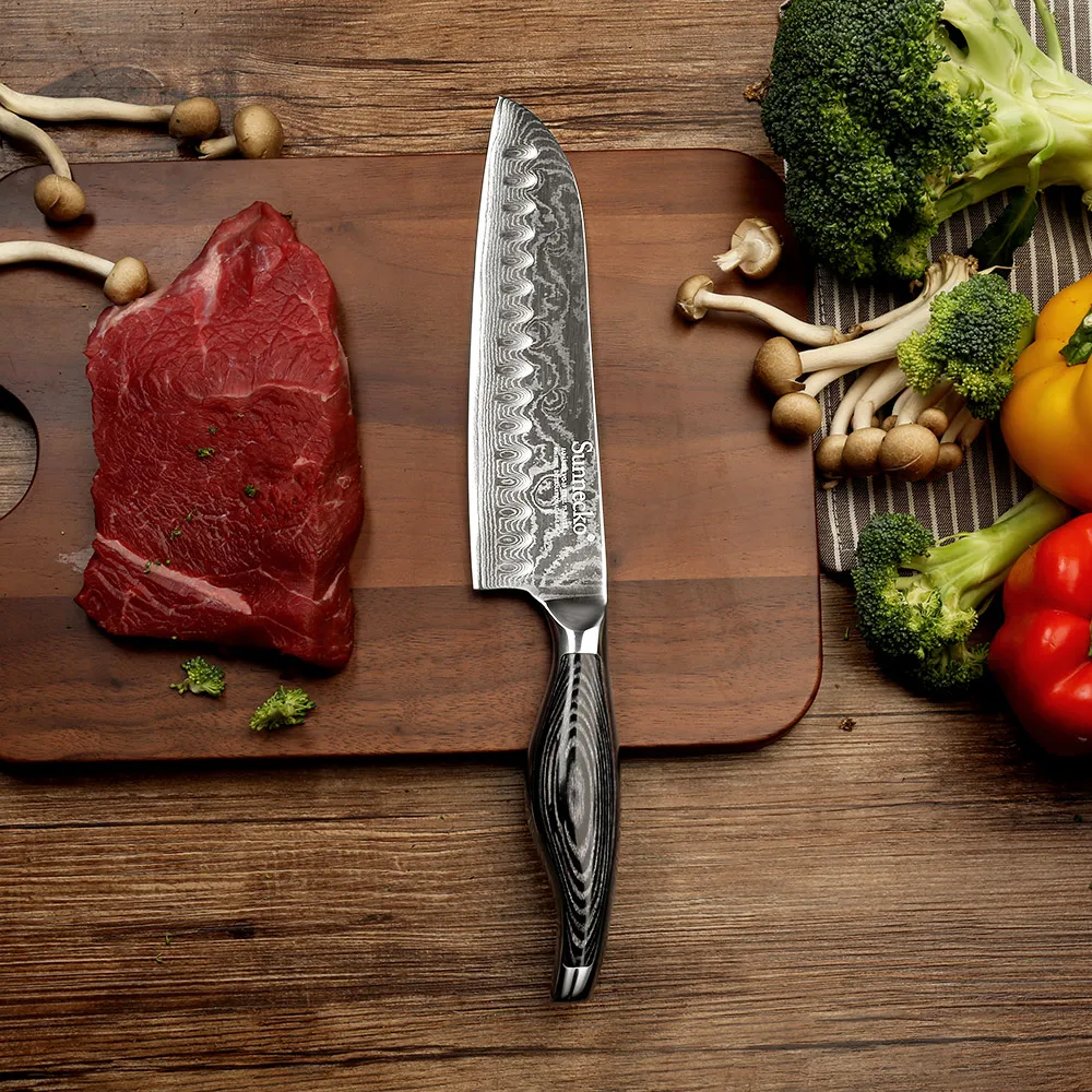 

SUNNECKO Professional 7 inch / 5 inch Santoku Knife Damascus Steel Sharp Blade kitchen knives Pakka Wood Handle Meat Cutter Tool